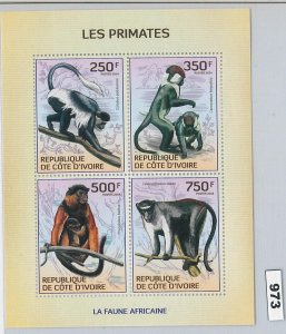 973 -   IVORY COAST Cote D'Ivoire  - ERROR - MISPERF stamp sheet 2014 Primates