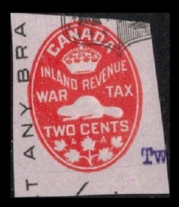 CANADA REVENUE WAR TAX 1915 2c #FCH1 USED EMBOSSED CHECK STAMP