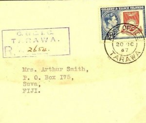 GILBERT IS Cover *Tarawa* Registered KGV Superb 5s High Values Fiji 1947 W296a