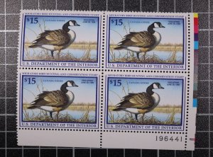 Scott RW62 1995 $15.00 Duck Stamp MNH Plate Block LR 196441 SCV - $120.00