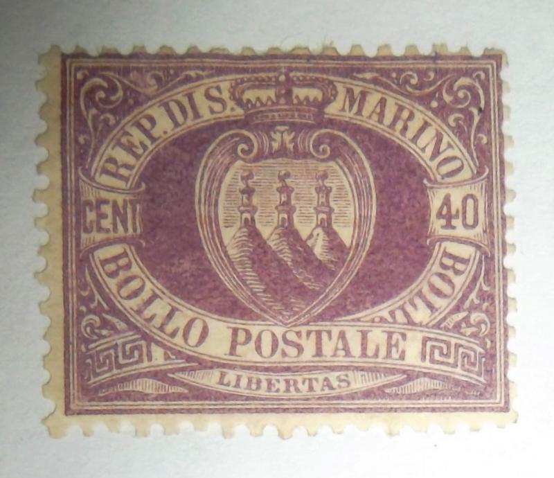 SAN MARINO  1877-99 40c VIOLET ARMS MLH Scott #17 Huge CV Free US Shipping