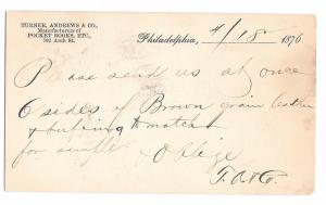 UX5 1876 Phila PA Fancy Cork Cancel Turner Andrew Leather Henry Lang Newark NJ