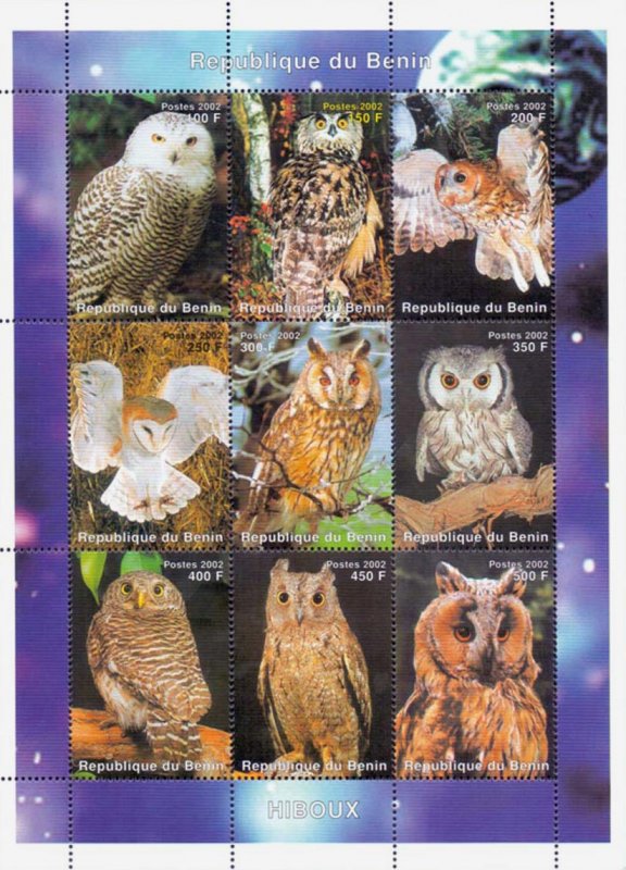 Benin 2002 Owl Birds of Prey 9v Mint Full Sheet. (L-84)