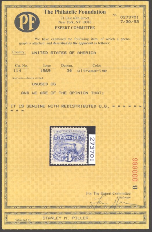 U.S. #114 MINT WITH PF CERT OG