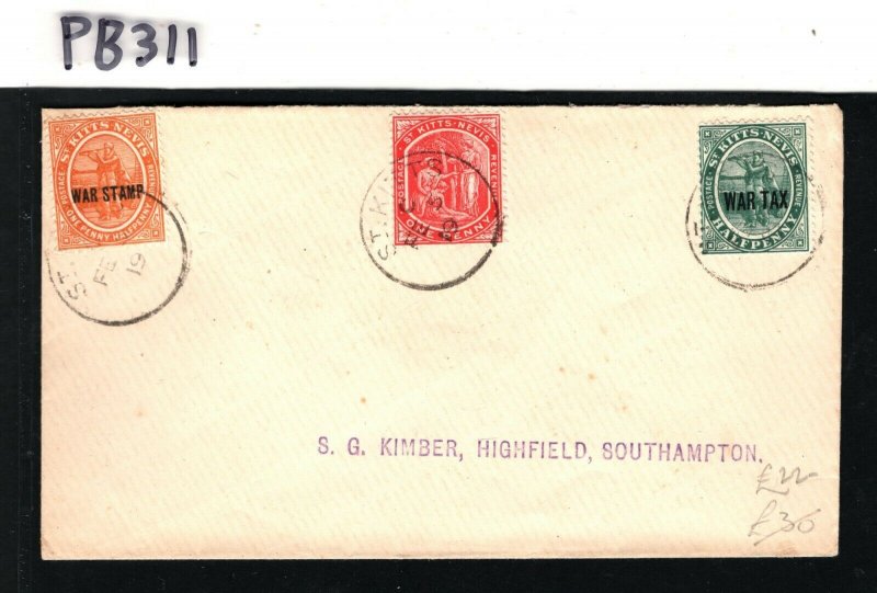 ST KITTS & NEVIS Cover WAR TAX Overprints GB Southampton 1919{samwells}PB311