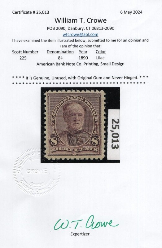 225 w/Crowe cert VF+ OG mint never hinged nice color cv $ 180 ! see pic !