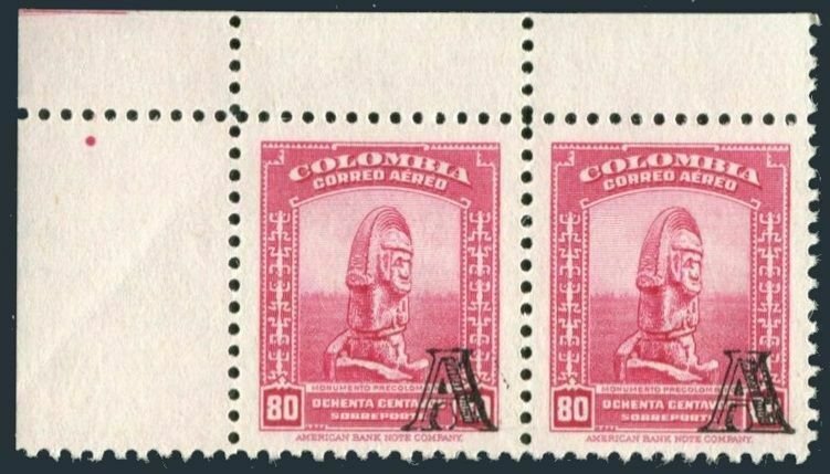 Colombia C211 pair,MNH.Mi 609. Pre-Columbian monument overprinted L,1951.