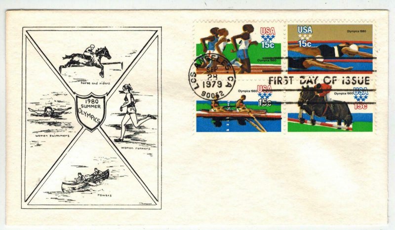 SUMMER OLYMPICS 1979 BLOCK OF 4 FDC 1791-94 NOT SEEN Watercolor Cachet Co.