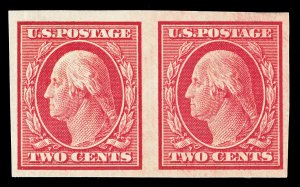 Scott 344 1909 2c Washington Imperf Pair Double Line Wmk Mint VF OG LH Cat $9.50