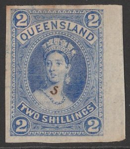 QUEENSLAND 1882 QV Large Chalon 2/- IMPERF proof with 's'. SG 152(p). Very rare.