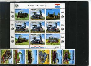 PARAGUAY 1983 SOUTH AMERICAN LOCOMOTIVES STRIP OF 6 STAMPS & SHEET MNH 