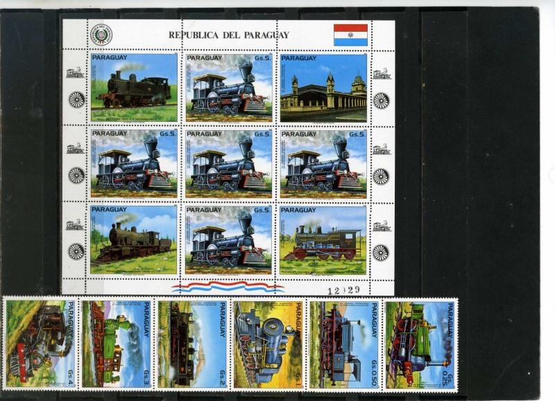 PARAGUAY 1983 SOUTH AMERICAN LOCOMOTIVES STRIP OF 6 STAMPS & SHEET MNH 