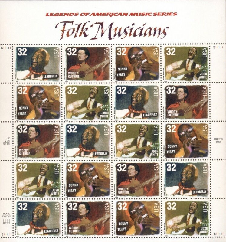 US: 1998 FOLK MUSICIANS; Complete Sheet Sc 3212-3215; 32 Cents, Guthrie White