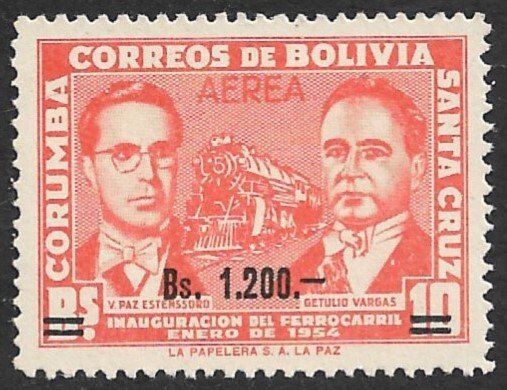 BOLIVIA 1960 1.200b on 10b Surcharged LOCOMOTIVE Airmail Sc C227 MNH