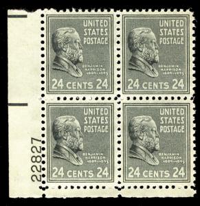 US #828 PLATE BLOCK, SUPERB mint never hinged, 24c Harrison, A select mint pl...