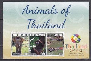 Gambia, 2013 Scott cat. Thailand Stamp Expo sheet. Animals of Thailand.
