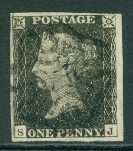 SG 3 1d grey-black plate eleven lettered SJ. Very fine used with a near full... 