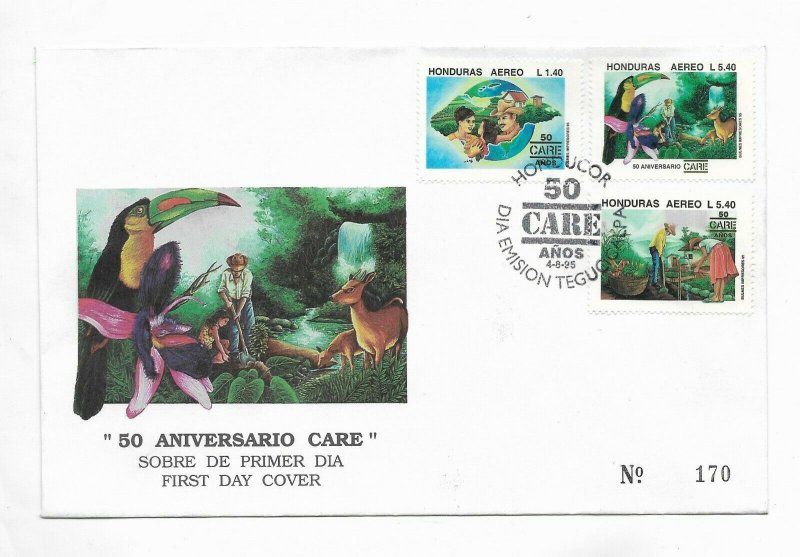 HONDURAS 1995 50TH ANNIVERSARY OF CARE HELP ORGANIZATION FDC TUCAN FAUNA 3 VAL