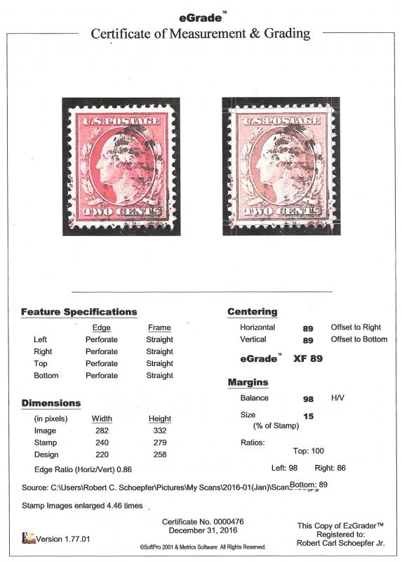 375 2 cents Washington CARMINE Stamp used EGRADED XF 89 XXF