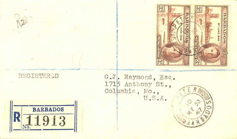 Barbados 3d KGVI Peace (2) 1947 St. Peter, Barbados Registered to Columbia, Mo.