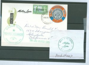 Tonga 164/175 1967 outbound Tin Can Mail cover.  Scott #164 (1967 7 SENITI7 surcharge on 1-1/2) and #175 (1967 Is Coin, on pal