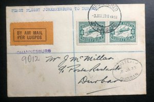 1933 Johannesburg South Africa First Flight Airmail Cover FFC To Durban Air Post