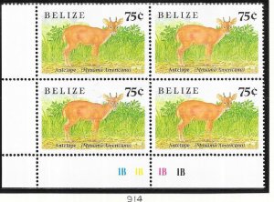 Belize  #914  75c  Antelope  margin block of 4 (MNH) CV $19.00