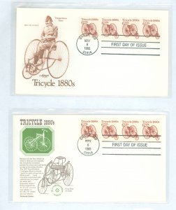 US 2126 1985 6c tricycle coil, transportation series, coil plate number strimp, #1, of four on two different fdcs, unaddressed w