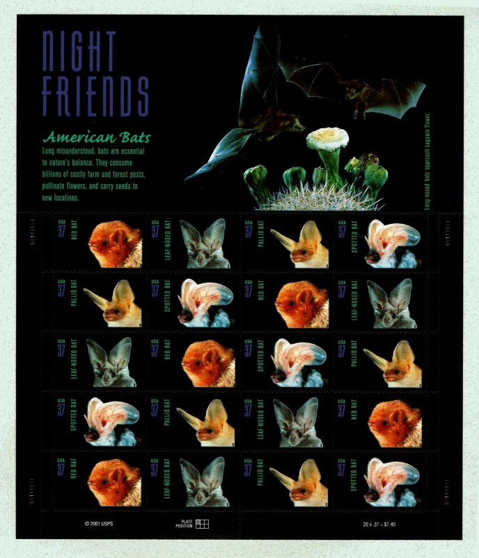 US #3664a Night Friends Pane of 20 Self Adhesives  - VF - CV$16.00 (ESP#351)