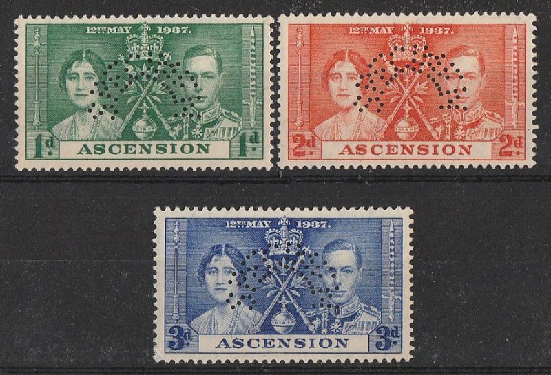 ASCENSION : 1937 KGVI Coronation set 1d-3d SPECIMEN. MNH **.