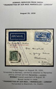1930 Nagpur India First Flight Airmail Cover FFC To Dublin Ireland Via Marseille