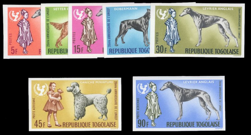 Togo #588-592, C63-64, 1967 Dogs, imperf. set of seven, never hinged