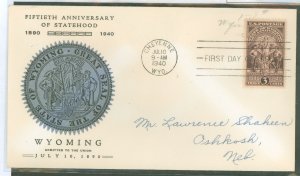 US 897 1940 3c Wyoming/50th Anniversary of Statehood (single) on an addressed FDC with a Linprint cachet