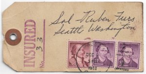 1962 Alaska to Seattle, Wa Insured Fur Shipping Tag w/Liberty Series (56180)