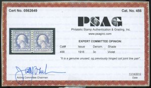 U.S. #456 MINT LINE PAIR WITH PSAG CERT OG