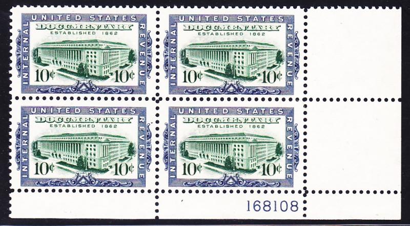 US R733 1962 MNH 10¢ IRS Building Plate Block 4 Plate #168108LR