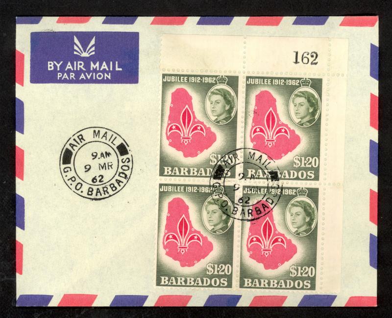 BARBADOS 1962 BOY SCOUT JUBILEE BLKS of 4 Sc 254-256 FDC