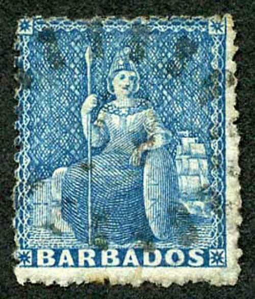 Barbados SG44 1870 (1d) Blue wmk Large Star Rough Perf 14 to 16 Fine used