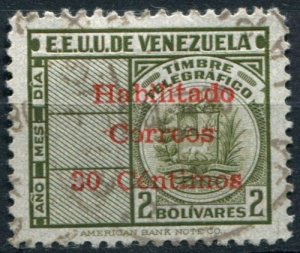 Venezuela Sc#456 Used, 30c on 2b ol grn, Telegraph stamps overprinted (1951)