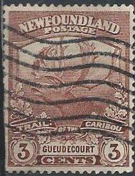Newfoundland 117 (used) 3c caribou (Guedecourt), red brn (1919)