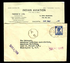 Lot3i Cover-Letter India 1945 Indian Aviation Calcutta to American Av. Asoc. D C