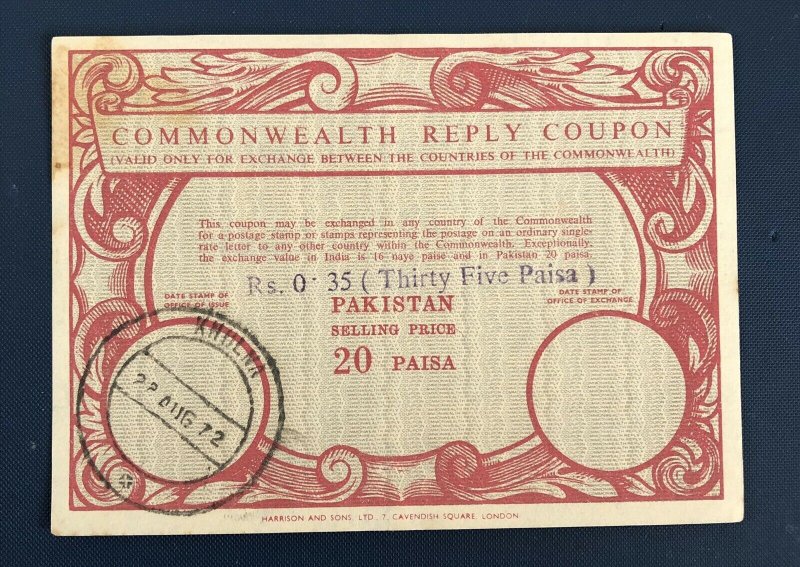 Bangladesh 1972 IRC Commonwealth Reply Coupon Surcharges Used From KHULNA