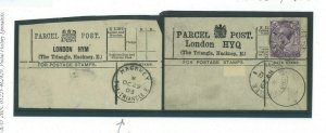 GB PARCEL POST LABEL London x 2 *The Triangle Hackney* 1903  Matched Pair 23a.37 