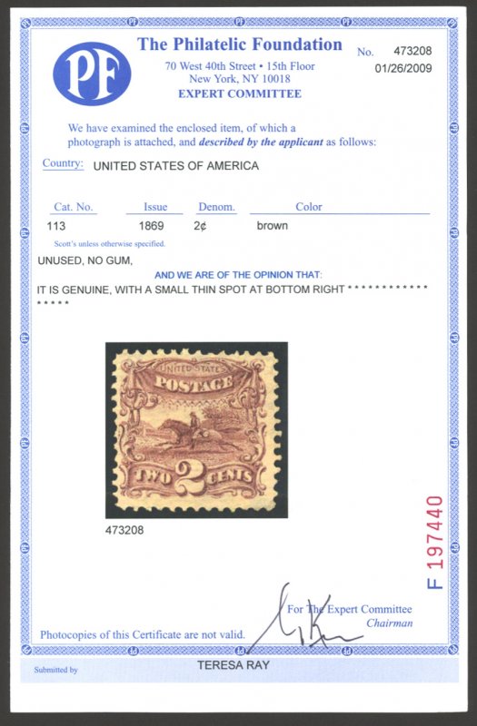 U.S. #113 MINT WITH PF CERT