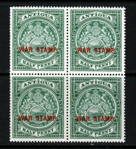 ANTIGUA 1917 Red Overprint WAR STAMP ½d. Green Badge of Colony BLOCK  SG 53 MNH