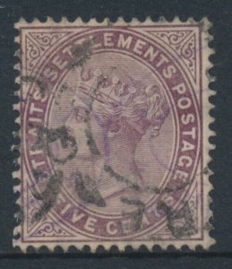 Straits Settlement 1882 SG 48 FIVE CENTS Purple-Brown USED WMK CROWN CC