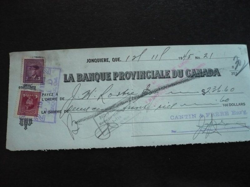 Canada - Revenue - KGVI War Issue Stamps on cheque dated 1945