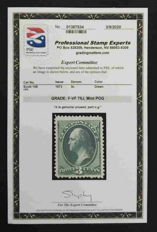 United States 158 F-VF M Part OG ** See Certificate **