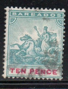 Barbados Sc 78 1892 10d blue green & carmine seal of colony stamp used