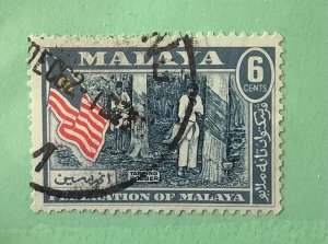 Malaya 1957  Scott 80 used - 6c, Rubber Tapping & flag